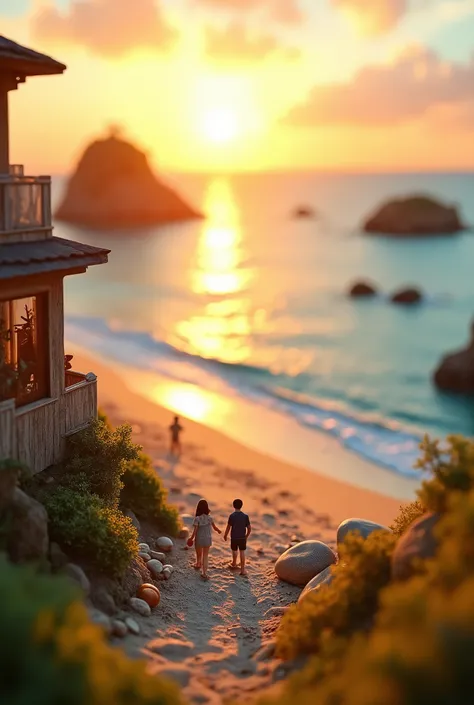 A miniature photography style scene capturing a relaxing natural landscape in the golden hour, featuring a tiny ocean view from a charming balcony, overlooking a peaceful beach with gentle waves. ((A golden sun halo graces the horizon)), casting a warm glo...