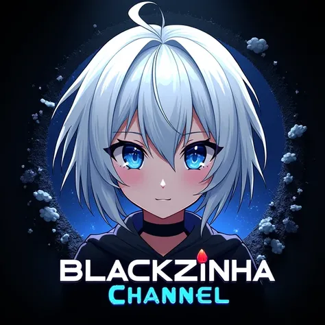 A logo with the name BLACKZINHA CHANNEL with a black background and one with white hair and blue eyes, anime character with a 3D touch and the logo with a more striking tone