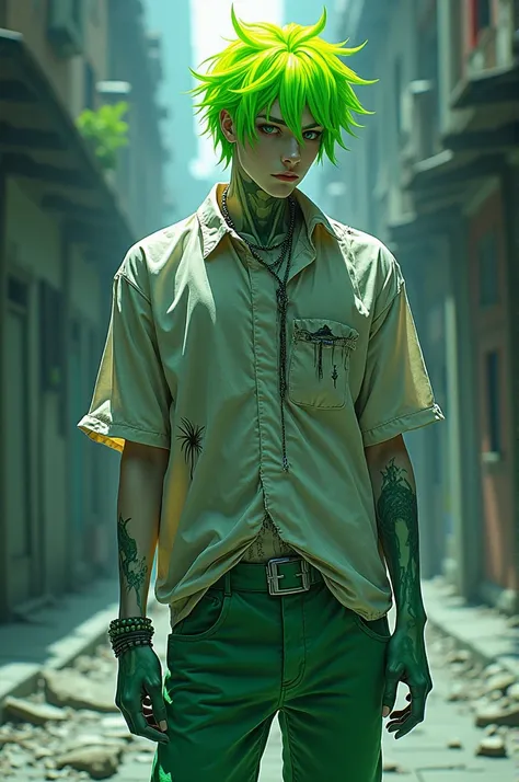 anime, a man with green hair and wearing a zombie-style shirt and green pants and green shoes