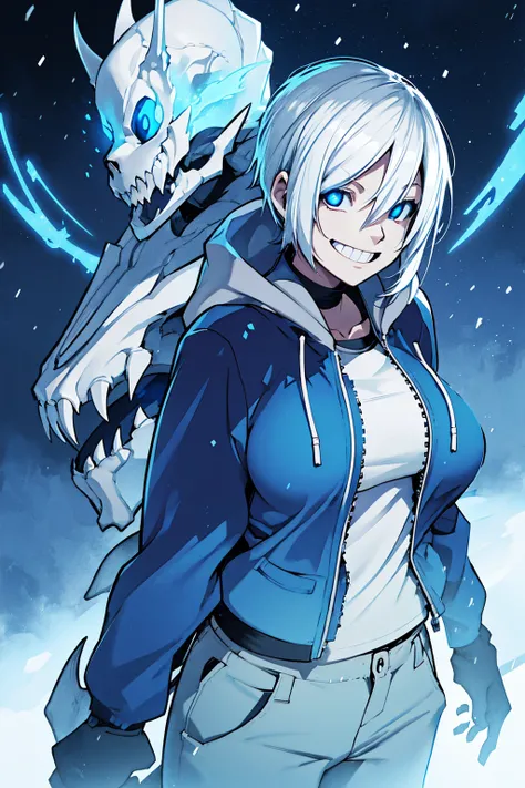 Toby Fox Undertale Sans Blue Jacket , Fire Eyes Skull Smile White Short Hair Luminous Face Blue Dragon Bone Cannon One Person Standing In Snow Town Femininefull Super huge big breasts breast enlargement 