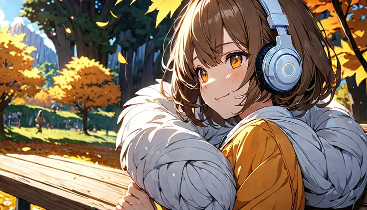 background：Shade in the park、 Autumn breeze passes through comfortably 。  
expression： Looking around while smiling softly 。  
Costume：Knit and denim 。  
Pose：Sitting on a bench、 Relaxing while shrugging slightly。  
scene：( Brown-haired girl with headphone...