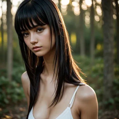  a girl, Alone, breasts,  High resolution,  long hair ,  looking at the spectator,  short hair, fringe,  Simple background,  black hair , boca cerrada, Shine, 