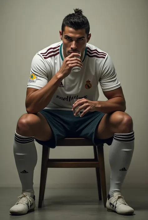 Cristiano Ronaldo is sitting on a chair and drinking water 