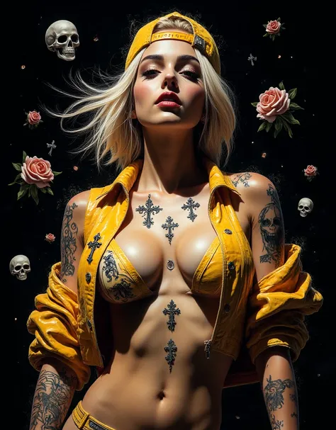 "A hyperrealistic, surreal digital illustration of an intensely sensual young woman, posed with her torso exposed and an expression filled with seductive intensity. She has platinum blonde hair flowing beneath a backward yellow cap, adding a rebellious, st...