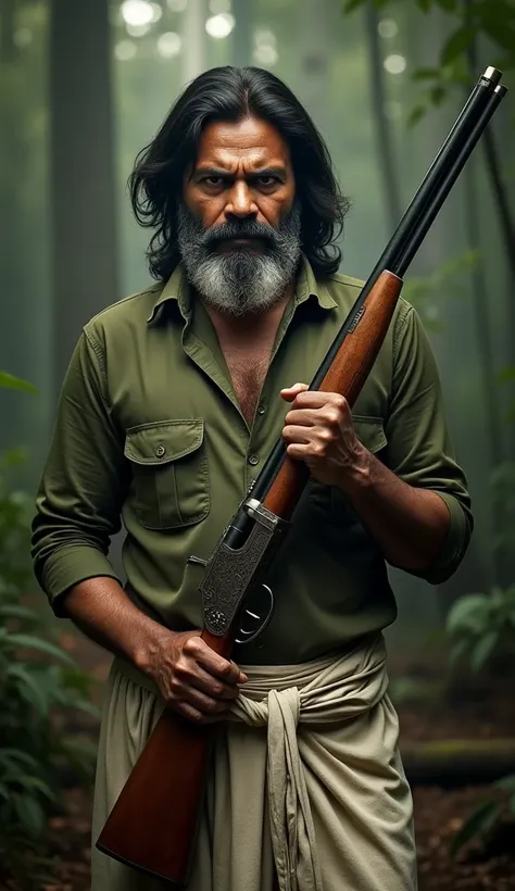 "A rugged mamootty from 1930s Kerala with long hair and an Elliott moustache, dressed in an army green full-sleeve shirt and white lungi, stands confidently in a dark, wild forest. He exudes strength and experience, his weathered face reflecting a hard-liv...