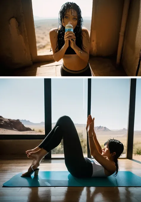 (((口を大きく開けて they stick out their tongue ))), (((Aerial photography))), (((The desert in the background is reminiscent of Mad Max.))) , (((night))), (((Starry sky and moon))),A boldly composed photograph of a Japanese woman that looks like it was taken by a...