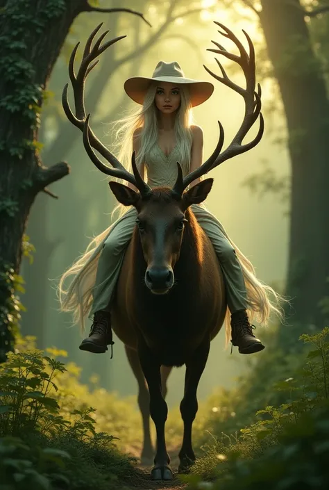 young Caucasian female with long flowing white-blond hair and green eyes, riding on the back of a massive stag elk. wearing a large floppy felt hat