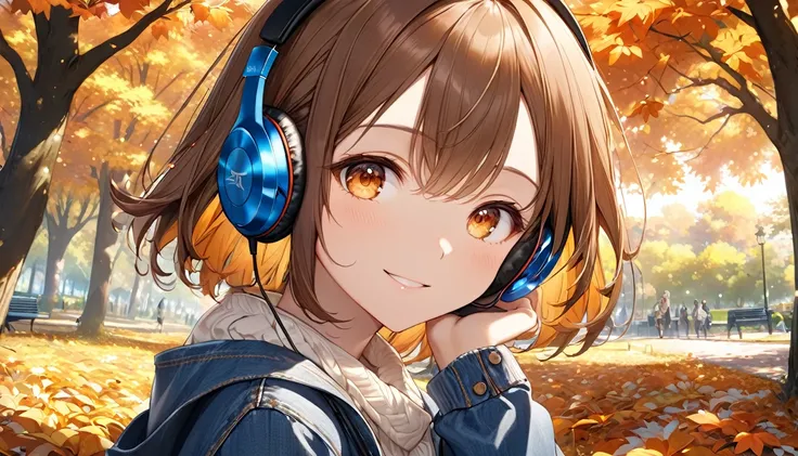 background：Shade in the park、 Autumn breeze passes through comfortably 。  
expression： Looking around while smiling softly 。  
Costume：Knit and denim 。    
scene：( Brown-haired girl with headphones ), (Shade in the parkで秋の風を感じるひととき), (glowing:1.4), ( very ...