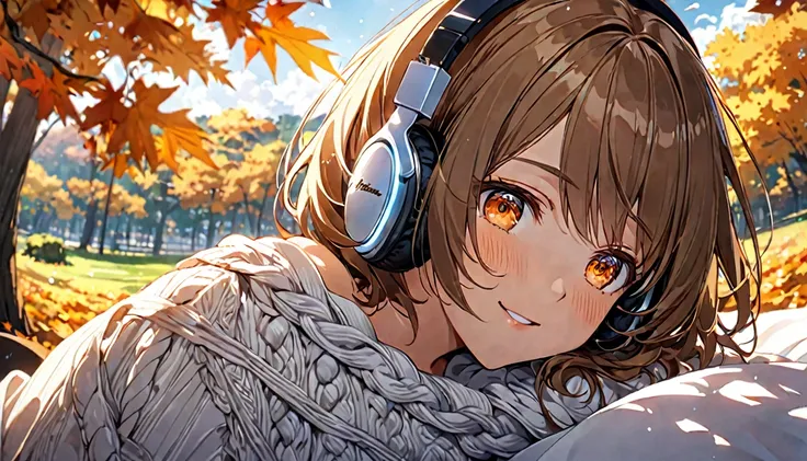 background：Shade in the park、 Autumn breeze passes through comfortably 。 expression： Looking around while smiling softly 。 Costume：Knit and denim 。 scene：( Brown-haired girl with headphones ), (Shade in the parkで秋の風を感じるひととき), (glowing:1.4), ( very detailed...