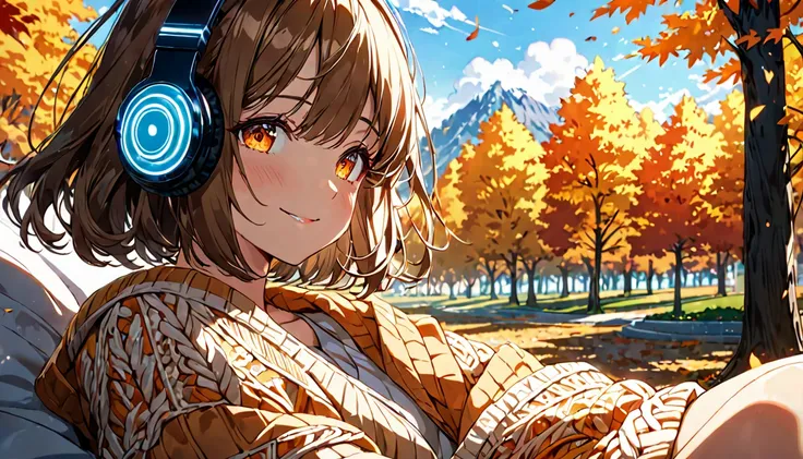 background：Shade in the park、 Autumn breeze passes through comfortably 。 expression： Looking around while smiling softly 。 Costume：Knit and denim 。 scene：( Brown-haired girl with headphones ), (Shade in the parkで秋の風を感じるひととき), (glowing:1.4), ( very detailed...