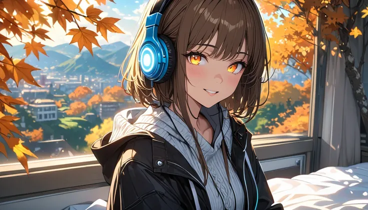 background：Shade in the park、 Autumn breeze passes through comfortably 。 expression： Looking around while smiling softly 。 Costume：Knit and denim 。 scene：( Brown-haired girl with headphones ), (Shade in the parkで秋の風を感じるひととき), (glowing:1.4), ( very detailed...