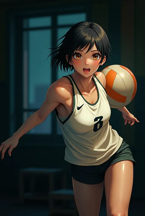 (masterpiece:1.1), (Best Quality:1.1),  full body,  short hair,  volleyball player、Good anatomy, beautiful女の子, Fair skin, Black Hair,  perfect face, (Captain with an excited expression wearing a red uniform and a black windbreaker cheering on his teammates...