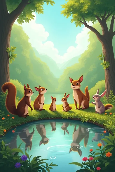 
Image Direction: The bird and the squirrel are standing by the pond, while various animals (like deer, rabbits, and small birds) are drinking water. The atmosphere is joyful.