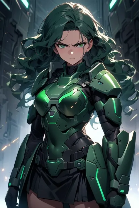 A beautiful, young, muscular, SciFi soldier woman, with red wavy hair,wearing futuristic green and black combat armour and an armour skirt that prrotect the entire body, standing, serious expression.