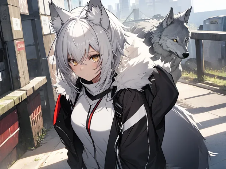 Single women,  anime tomboy , short, Long white hair,   with wolf ears , Wolf&#39;s Tail,  blue eyes,   I have a thigh-high fishnet,  black combat boots , nude,  Solo Tomboy , Only one woman (( small breasts)) Alone, Alone, (Alone)(Alone) Thighs, Nice hips...