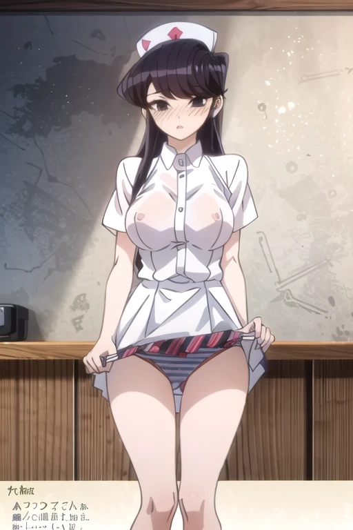 (masterpiece, highest quality, High resolution, Anime screenshots, anime color, 8k, Realistic), (  Details), ((1 girl:1.2)),(( white sexy nurse uniform )), ( Blue Stripes panties:1.3) , (( showing legs in high resolution )), ((see-through)) , ((bulging nip...