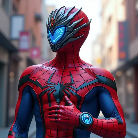 Spiderman hybrid with  Kamen Rider, wearing a Kamen Rider mask, collaboration costume between Spiderman and Kamen Rider, wearing a cool watch in the shape of Kamen Riders head glowing blue on his right hand, happy little Spiderman wearing it, bright atmosp...