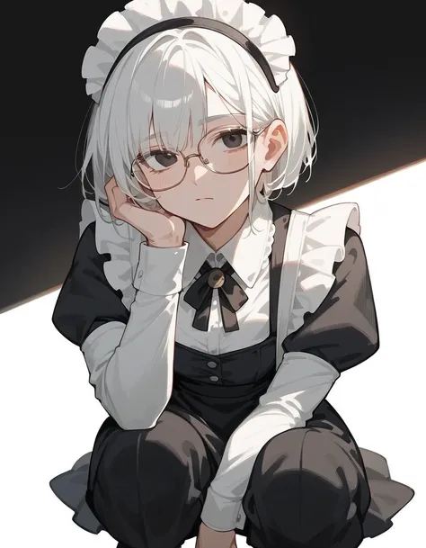 1 person,girl,White hair,Short hair, in black eyes,Wear glasses, long sleeve,thin,Maid outfit,Squat,gangster,Story Search Page