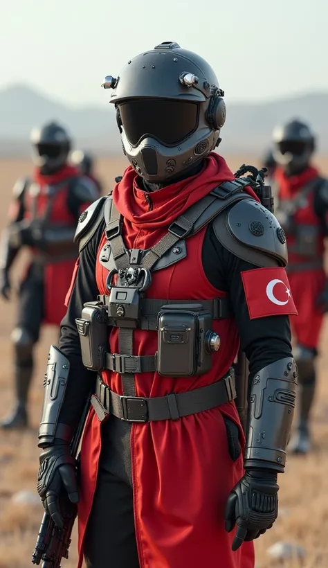 Describe three futuristic soldiers who are representatives of Turkey, showcasing the countrys cultural identity and technological advancements in a futuristic setting. Please provide detailed descriptions of each soldiers appearance, attire, and equipment,...