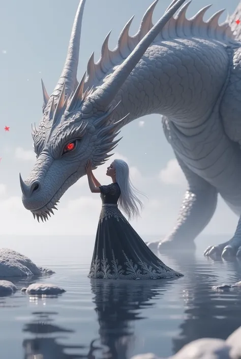 “A majestic silver dragon with hyper-detailed, realistic scales and glowing red eyes, standing close to a young girl with long silver hair, wearing an elegant black dress with intricate silver embroidery. The scene is set on a calm reflective surface, like...