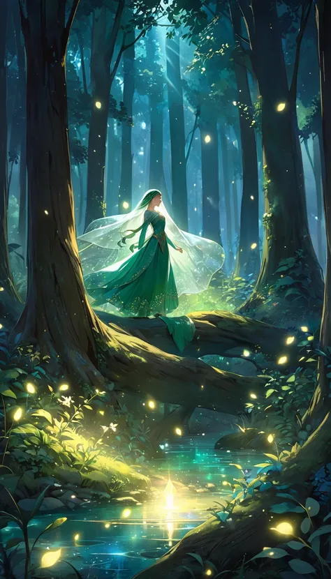 In the heart of the ancient wood, Where shadows long and deep have stood, A glimmer weaves through leaf and bough, A radiant glow, enchanting now.
Whispered secrets of the night, Guide me to this tender light, Dancing on the emerald floor, A beacon, mystic...