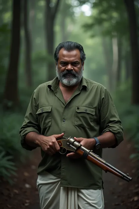 "Malayalam movie Actor Mammootty rugged  from 1930s Kerala with buzz cut hair and an Elliott moustache, dressed in an army green full-sleeve shirt and white lungi, stands confidently in a dark, wild forest. He exudes strength and experience, his weathered ...