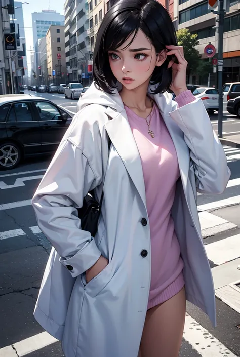 A pretty girl, frontal, Worried about,  white sports coat,  short black hair , On the street,  ultra high definition, high real , 4K,  contrast , Ultra Detailed ,