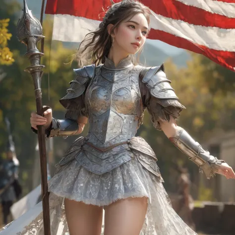 (  highly detailed CG octane rendering 8k wallpaper with a long spear ),  Worlds Most Beautiful Artwork ,  with a flag attached to a long spear, Complex,  high detail, ８ year old girls, Silver embroidery,  medieval long cotton dress（With panniers）, Cotton ...