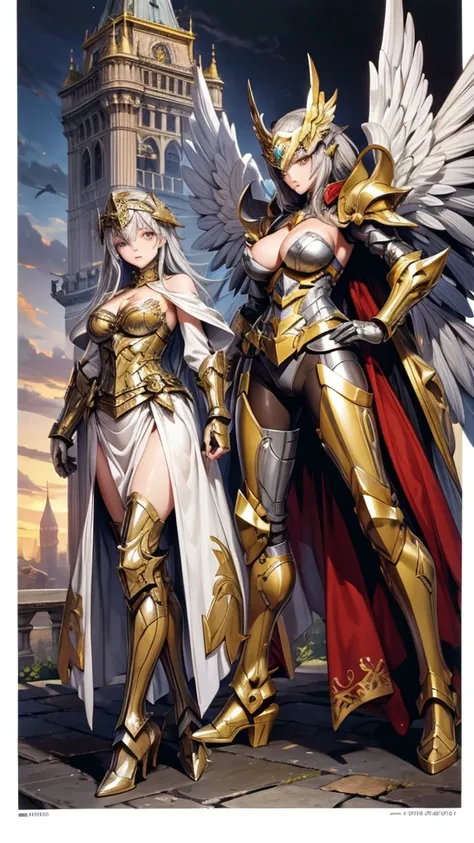 Silver-haired woman ， Helmet Mask ，Chest，cleavage， Gold Armor，Bare waist，Iron Skirt ，Bare Legs，boots， Steel wings ，castle