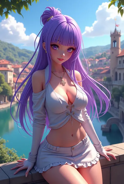 masterpiece, best quality,kfk, 1girl, bangs, bare_shoulders, skirt, breasts, gloves, jewelry, large_breasts, long_hair, long_sleeves, pantyhose, purple_eyes, purple_hair, shirt, solo,viewer,sunglasses,bikini, (sun, cloud,renaissance city around water,outdo...