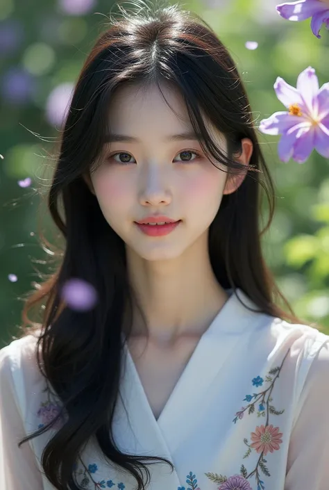  high quality masterpiece, 8k, ,  Korean girl , RAW photos,  absurd, Winner portrait smile face, 笑face, Alone, Uniform,  summer clothes idol &#39;face, violet, Gardenia, delicate girl,  long dark hair  , black eye,  upper body digital slr ,  observe the au...