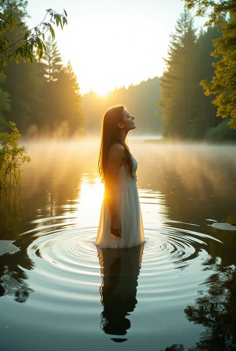 The scene is set in a serene, secluded lake at the break of dawn, where the golden morning light shimmers across the water. A girl, maybe 18 or 19 years old, is standing gracefully in the shallow, crystal-clear water. The lake is surrounded by lush greener...