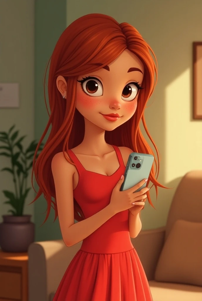  A Brazilian brunette girl  ,  with long red hair   ,  with freckles on her face  , Pixar Character , thin  ,  wearing a tight red dress  , with iPhone in her hands   , In a room