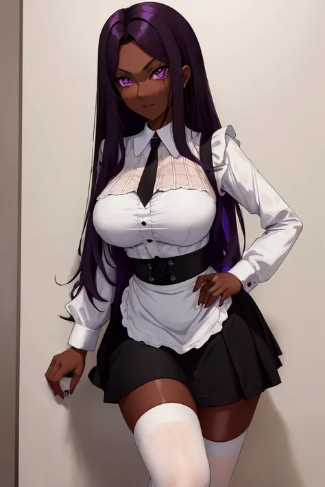 (Solo Woman),(Solo Woman Portrait),(Woman1),(young),(1Whole portrait woman),(20 years old),(mature and body),(Long purple hair and purple eyes),(dark Skin Color:1.5),(slim body),(thin waist),(huge breasts),(big ass),(Delicate face more with a serious expre...