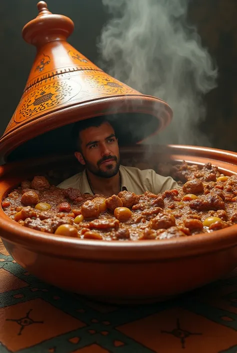 Man eating in a giant tagine with meat, real life