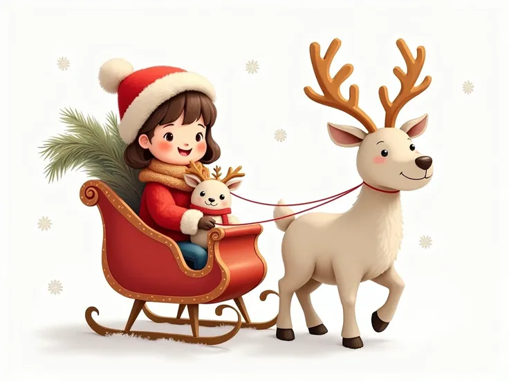 A cheerful girl in a cozy red winter coat rides a sleigh, holding a smaller stuffed animal version of herself. A friendly, large white deer with gentle antlers pulls the sleigh, surrounded by snowflakes. The background is a soft white, giving a magical win...