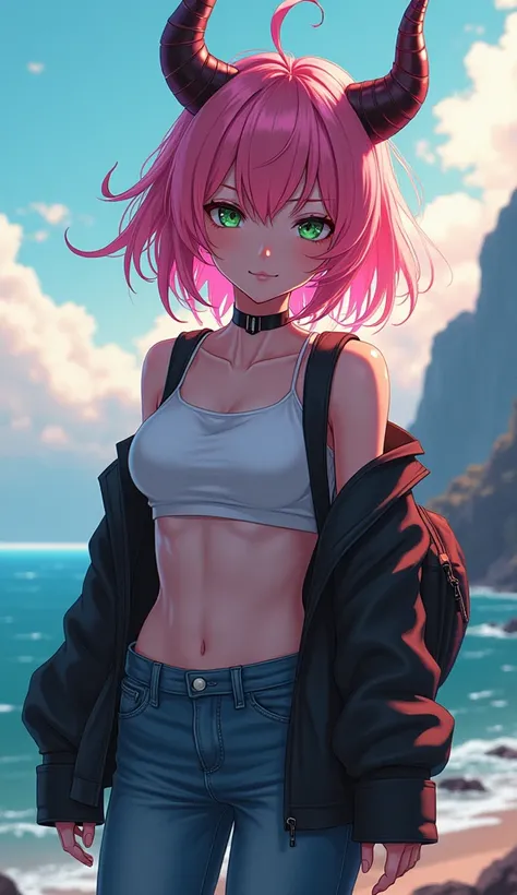 zero two (darling on franxx), darling on franxx, 1girl, closed mouth, bangs, black cap, bite, eyeshadow, green eyes, hair behind head, horns, long hair, looking at viewer, big thighs, makeup, small breasts, black shirt, jeans, black choker, black backpack,...