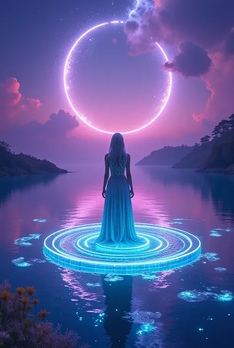 The scene takes place on a floating lake in a distant world, where gravity and time behave differently, and the sky is a surreal canvas of colors beyond earthly imagination. The girl stands in the heart of this alien lake, bathed in the otherworldly glow o...