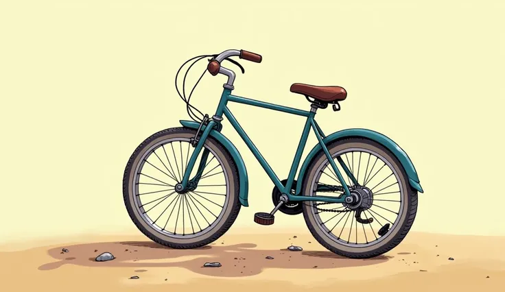 : "A cartoon bicycle tipping over with its tires looking tired and droopy, set against a simple, fun background to represent the phrase too tired."
