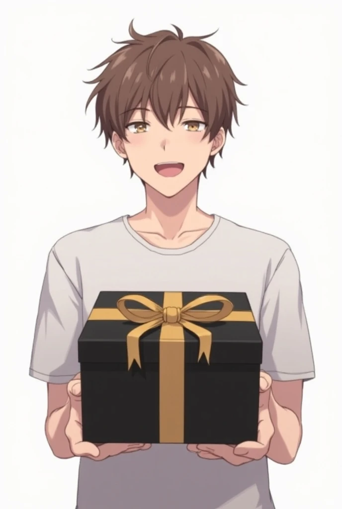 gift,black_box,gift_box,holding_gift,holding_box,incoming_gift,smile,male_focus,solo,1boy,open_mouth,holding,brown_hair,shirt,