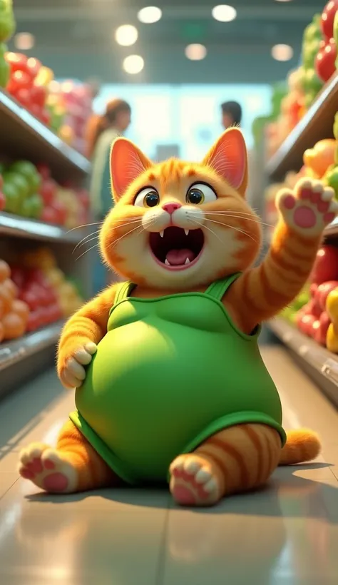 In cinematic 3D style HD image realistic image bright image. 

Character, chubby, orange tabby pregnant cat with large, expressive eyes and a joyful smile. Dress the cat in a bright green dress that accentuates its round belly. The cat is shopping in a col...