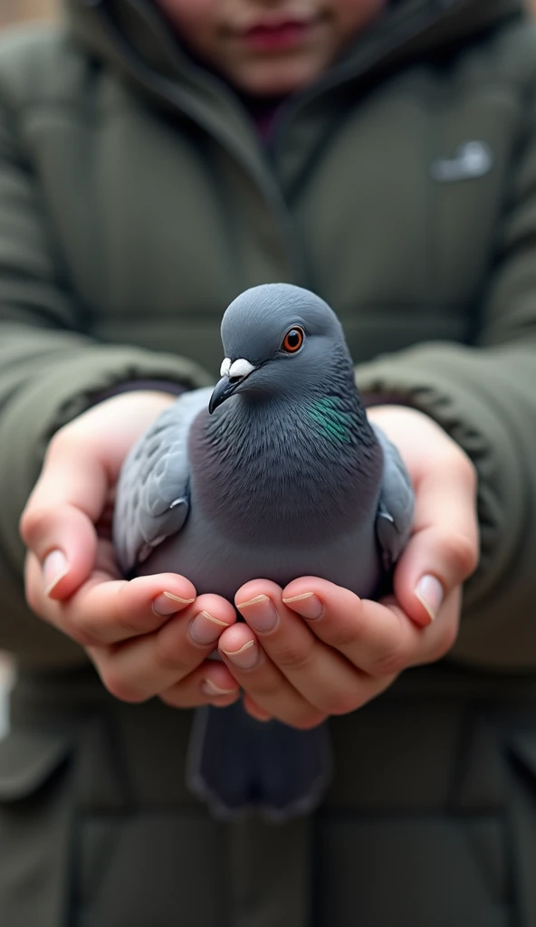 Create a 9 :16 of a pigeon in the hands of a person