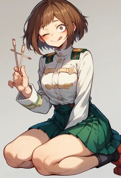  id day ( My Hero Academia)、Brown Bob Hair、White uniform、Green pleated skirt、Kneeling、Stick out your tongue long、Panty shot、Eyes wide open、smile、Droopy eyes、Wink