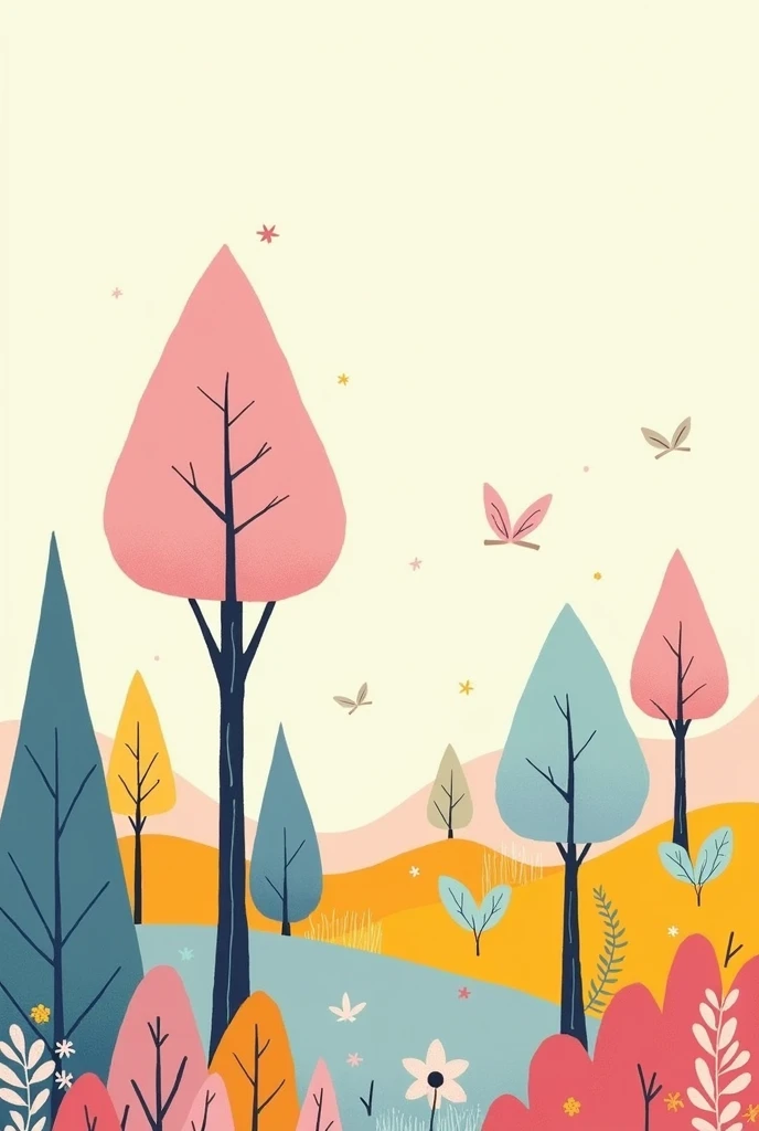  Lisa Larson Style    、 illustration art drawn using shapes 、 pop and cute tree design art   、      Cute Vibes        、     cute pastel-colored illustration of a prairie with pop and bright gradients 、  Imaginary tree with leaves of various shapes 、 broad-...