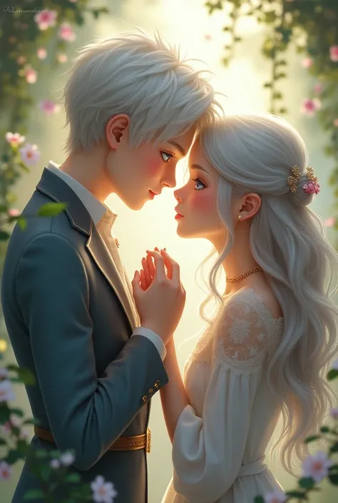 A girl with silver hair and sky blue eyes and a boy with platinum hair kissing such a girls hand