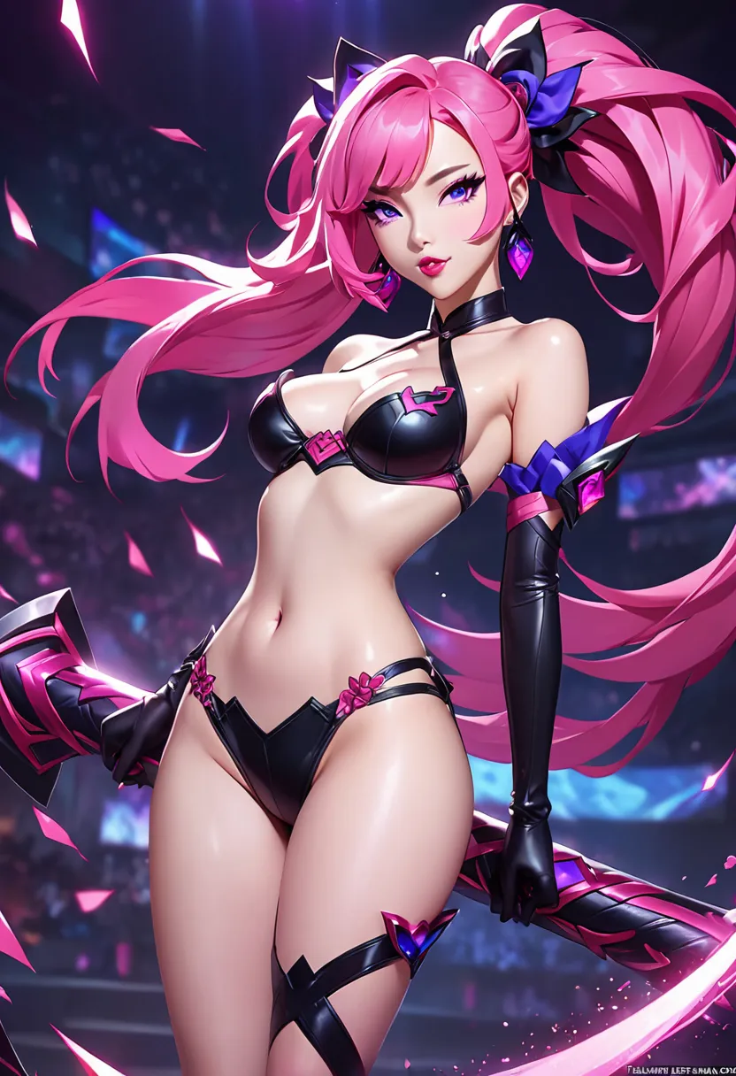 league of legends evelynn, evelynn kda skin, kpop, sexy, hentai, full body, sex, pink hair, exposed breasts, sakimi chan style