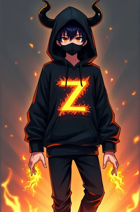 anime of a boy wearing black horns and a black hoodie and a black mask and a z-printed shirt with flaming hands and black pants and yellow shoes