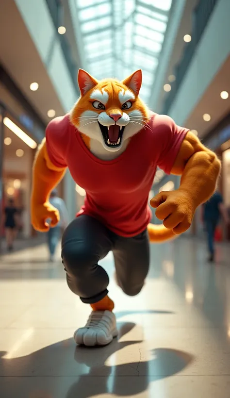 In cinematic 3D style HD image realistic image bright image. 
Character,a muscular big cat orange and white colour, wearing red t-shirt black pant.
Action,There is a mall in which the cat is running very fast and screaming with its mouth wide open and indi...