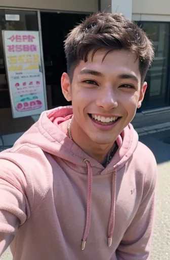 handsome man about 20 years old, 1 person、 pink hoodie 、 macho、muscular、brown, gentle perm、my hair is very short、 fade cut 、smil...