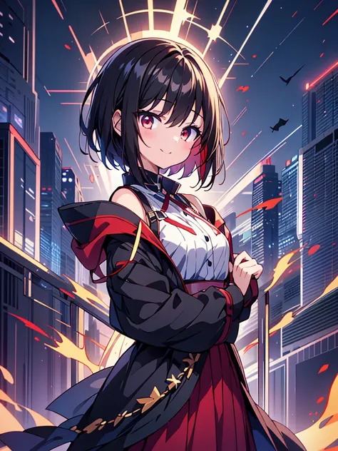 masterpiece, highest quality, highest quality, (no text), Beautiful and aesthetic:1.2),no text,anime、break,anime、break、 one girl、 Dark Haired Girl Short Hair 　 Slit Eyes Boyish 　adult　 beautiful eyes　red eyes, cool smile　Shoulder　skirt　 Black jacket, whole...